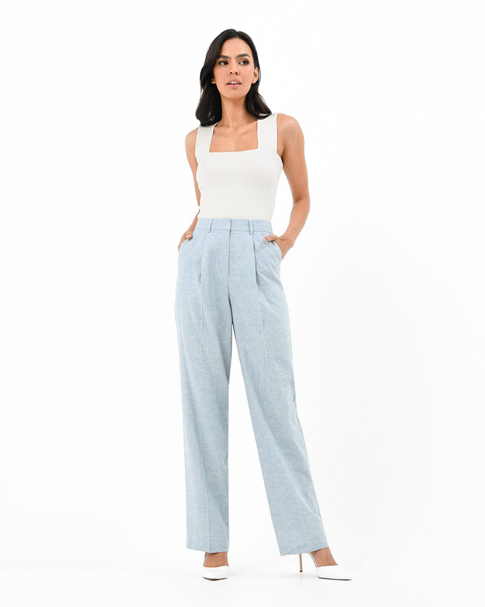 Lilit Linen Chambray Pant in chambray blue — full-length view 3