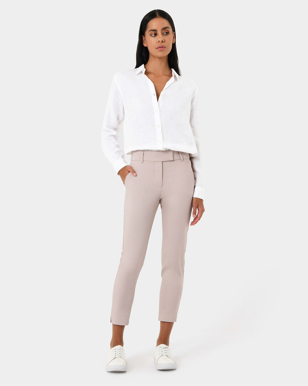 Josie 2 Cropped Notch Pants in light grey — full-length view 2