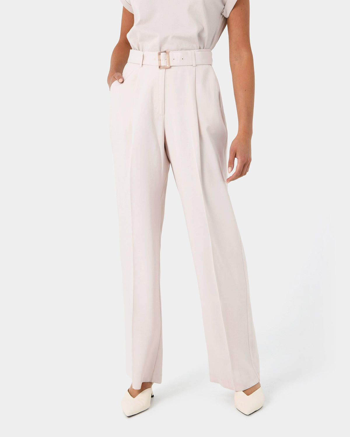 Anali Belted Wide Leg Trousers in beige — close-up view