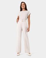 Anali Belted Wide Leg Trousers in beige — full-length view
