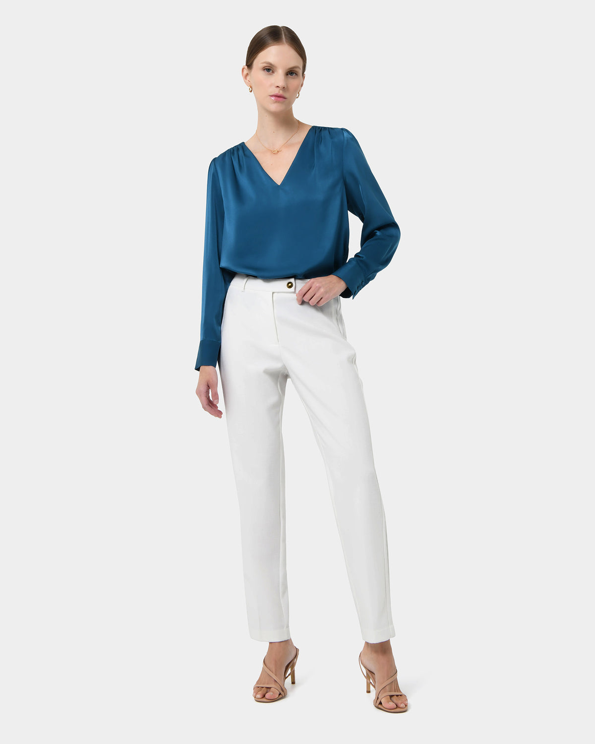Ester Slim Leg Trousers in ivory — full-length view 2