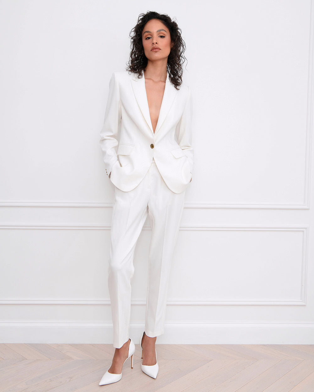 Ester Slim Leg Trousers in ivory — full-length view 3