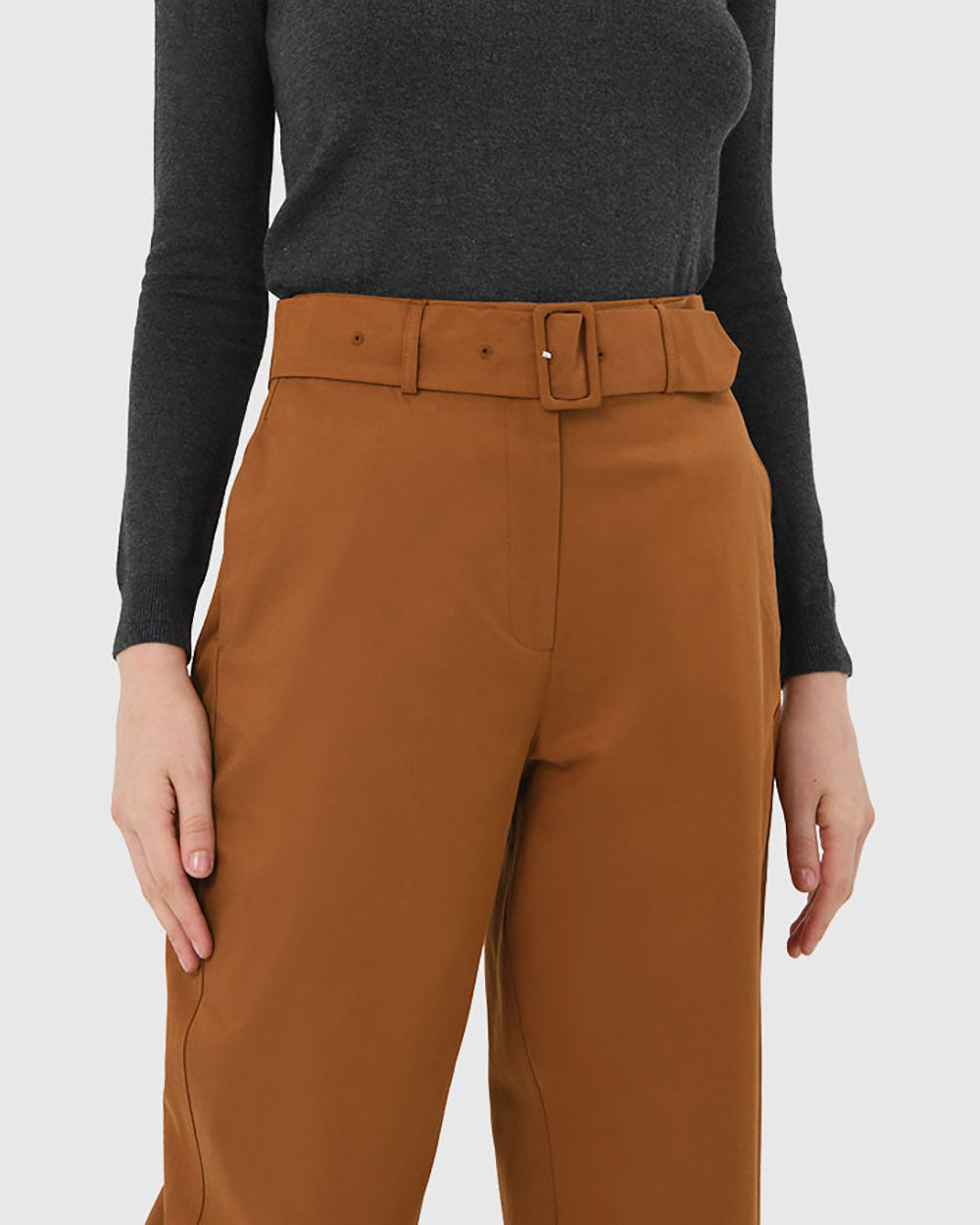 Jhene Belted Pant in tan — fabric detail