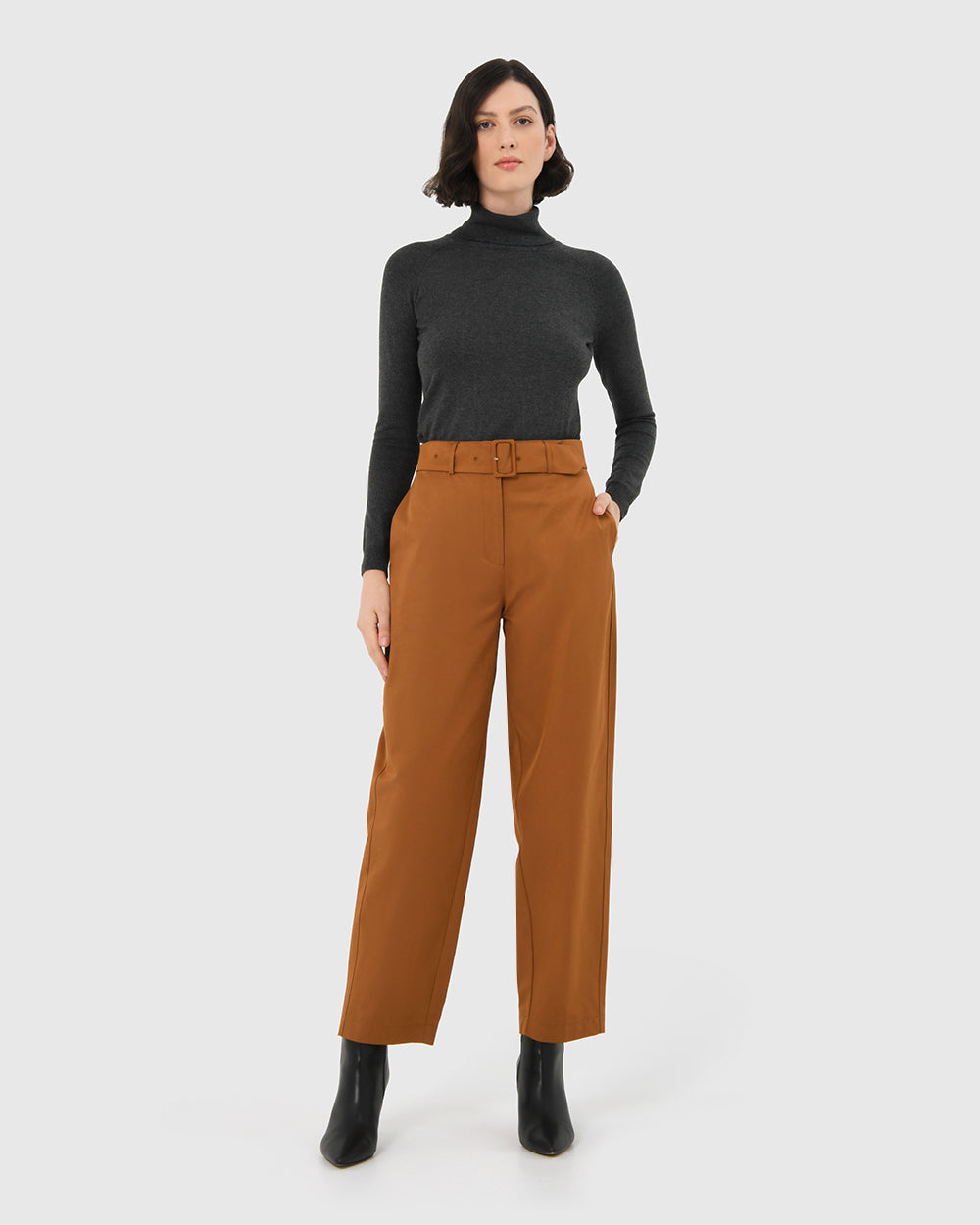 Jhene Belted Pant in tan — full-length view