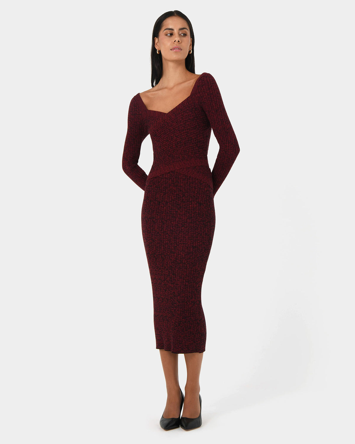 Cienna Knit Skirt in ruby — full-length view