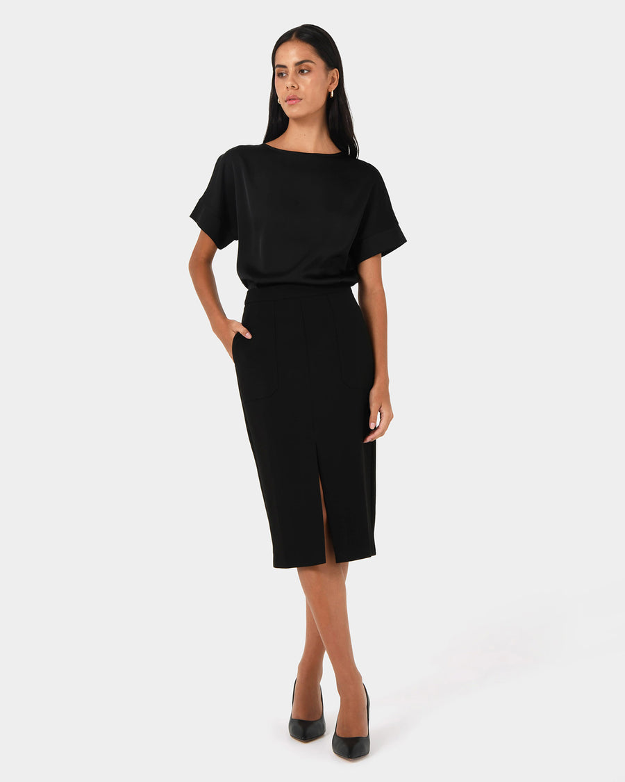 Orlanda Front Slit Skirt in black — full-length view