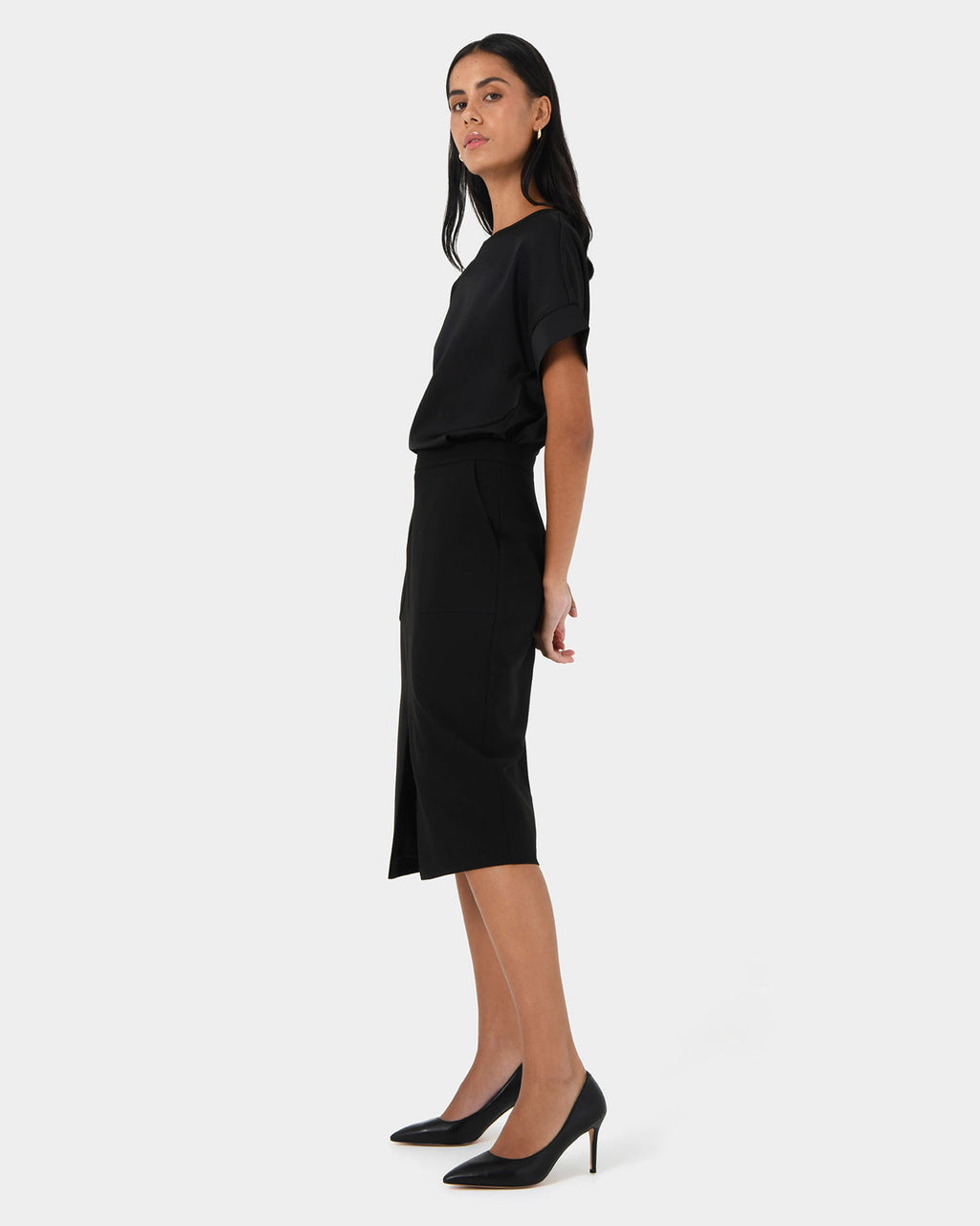 Orlanda Front Slit Skirt in black — side view