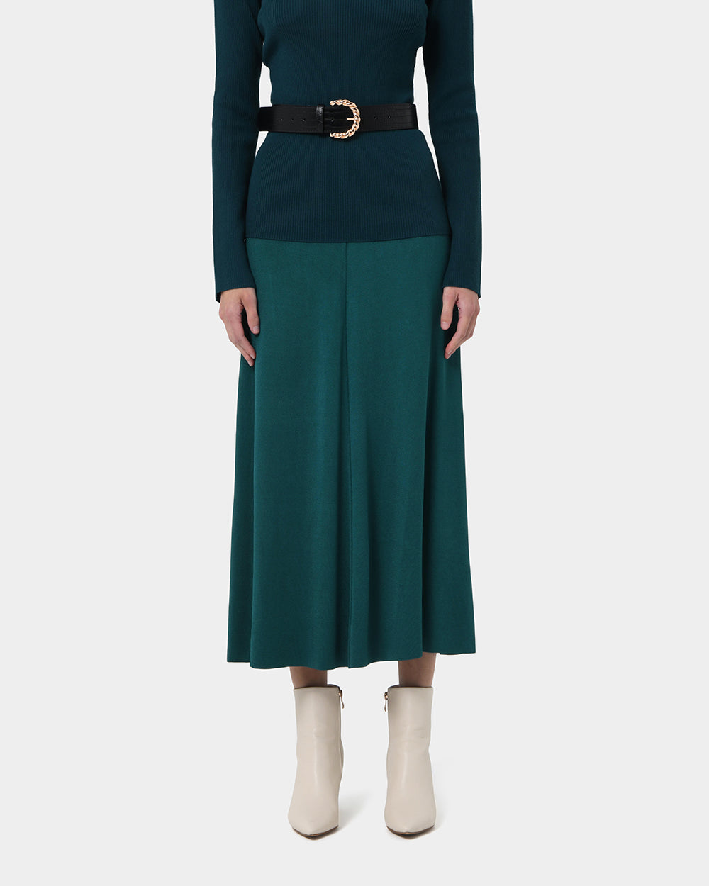 Annette A-Line Knit Skirt in teal — close-up view