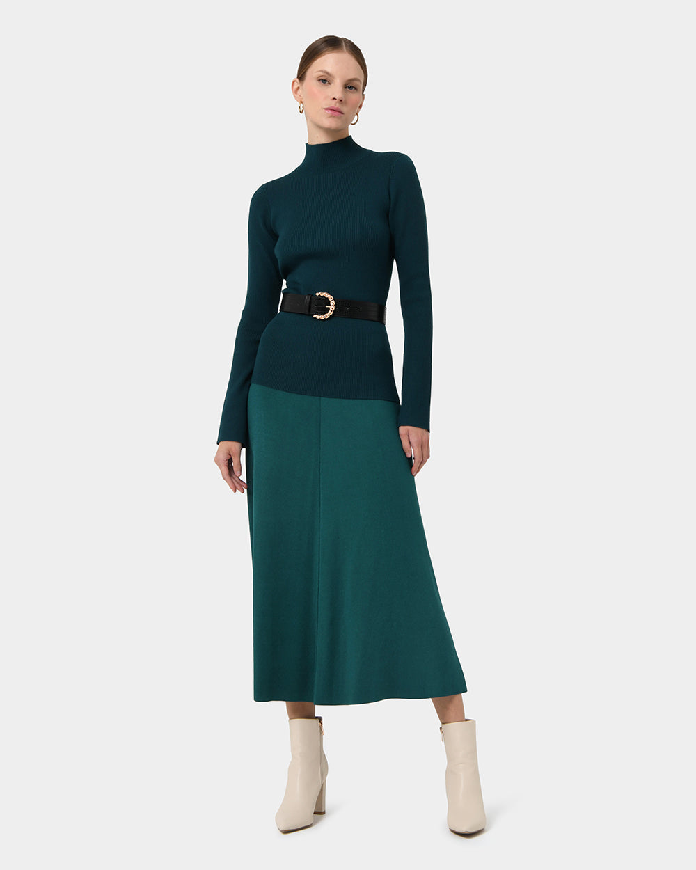 Annette A-Line Knit Skirt in teal — full-length view 2