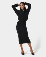 Honesty Cable Midi Knit Skirt in black — full-length view