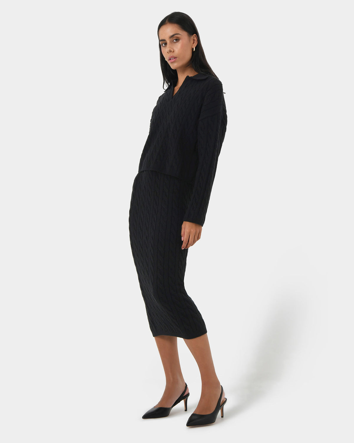 Honesty Cable Midi Knit Skirt in black — side view