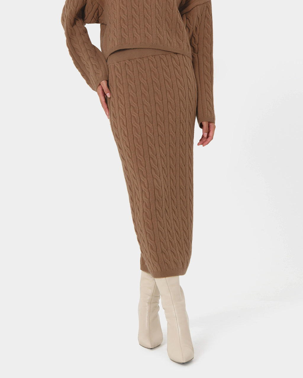 Honesty Cable Midi Knit Skirt in camel — close-up view 2