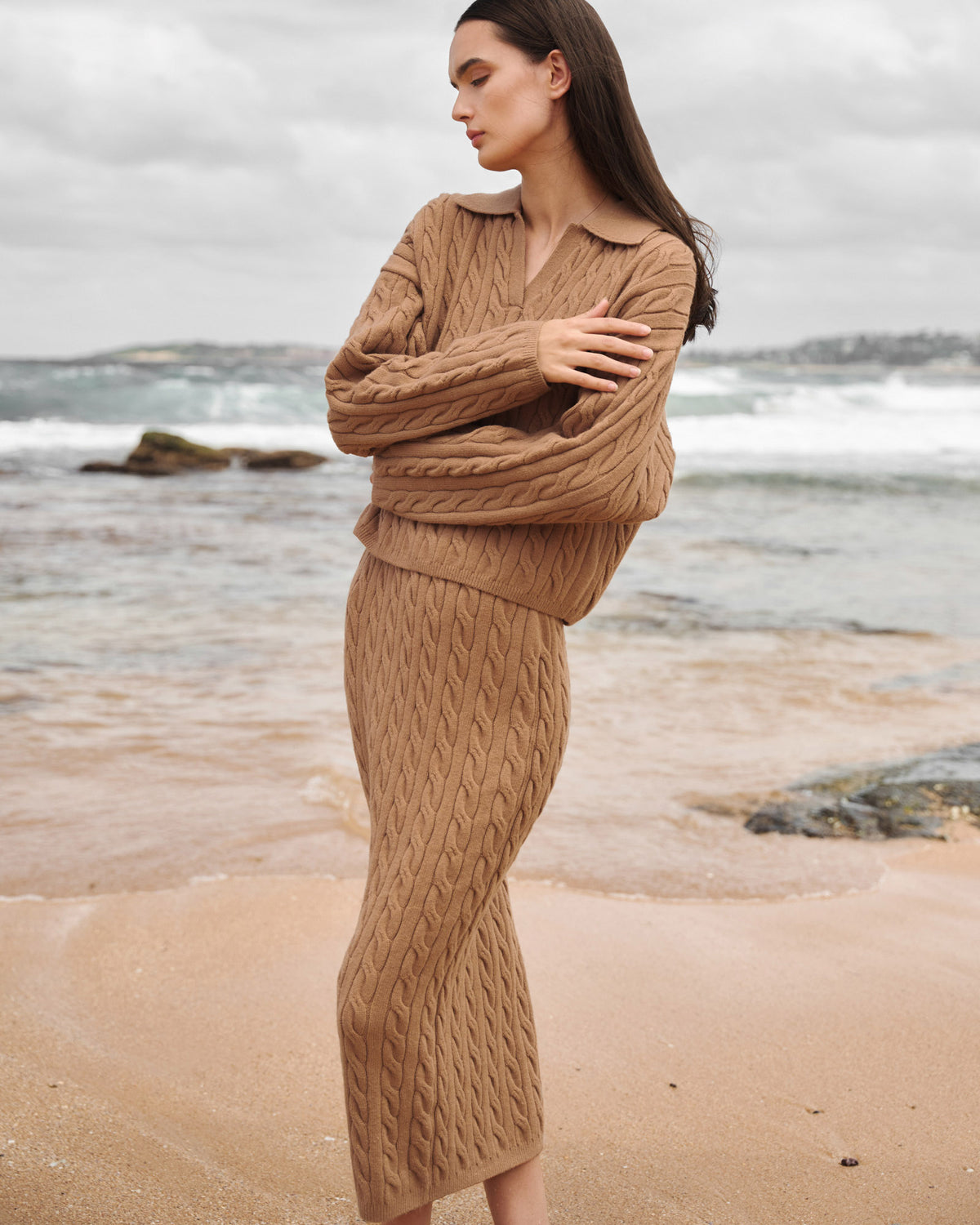 Honesty Cable Midi Knit Skirt in camel — alternate view