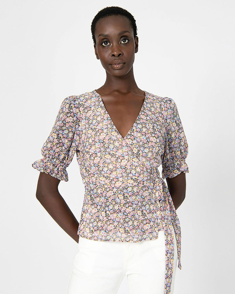 Fiorella Puff Sleeve Blouse in multi — close-up view 2