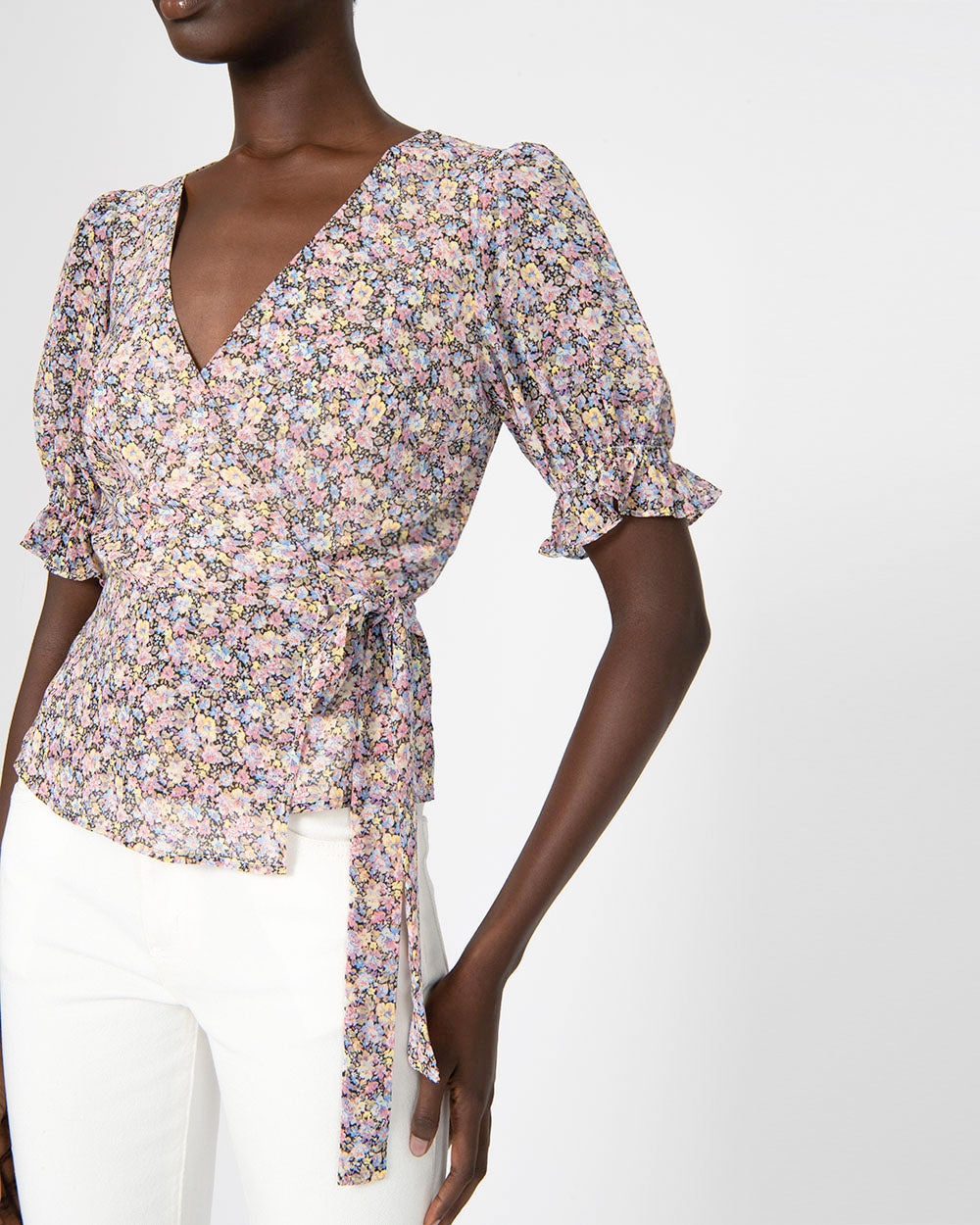 Fiorella Puff Sleeve Blouse in multi — close-up view 3