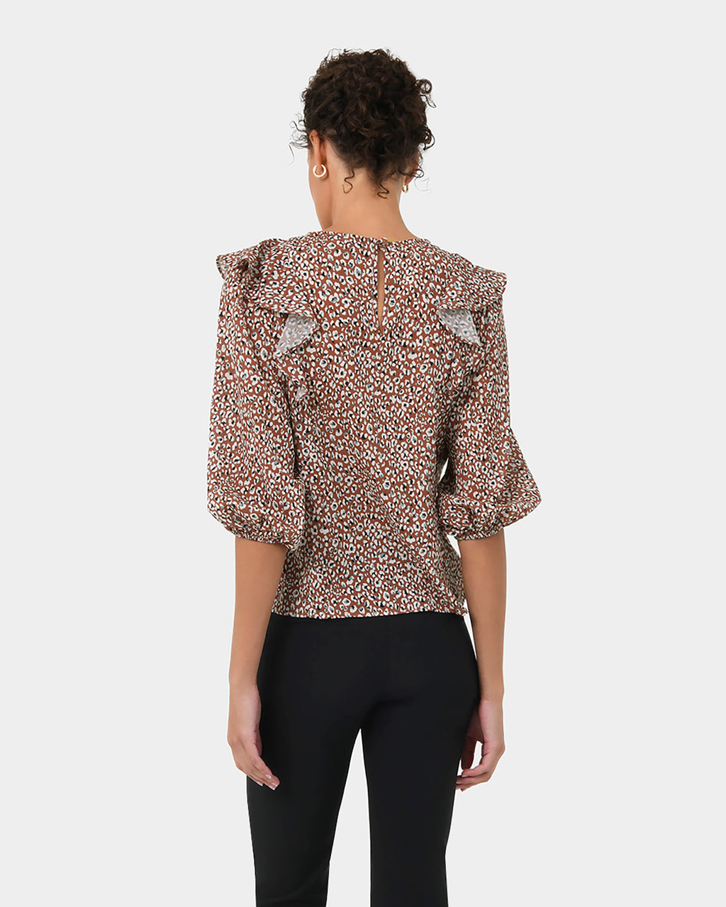 Chelsea Frill Detail Top in rustic brown — back view