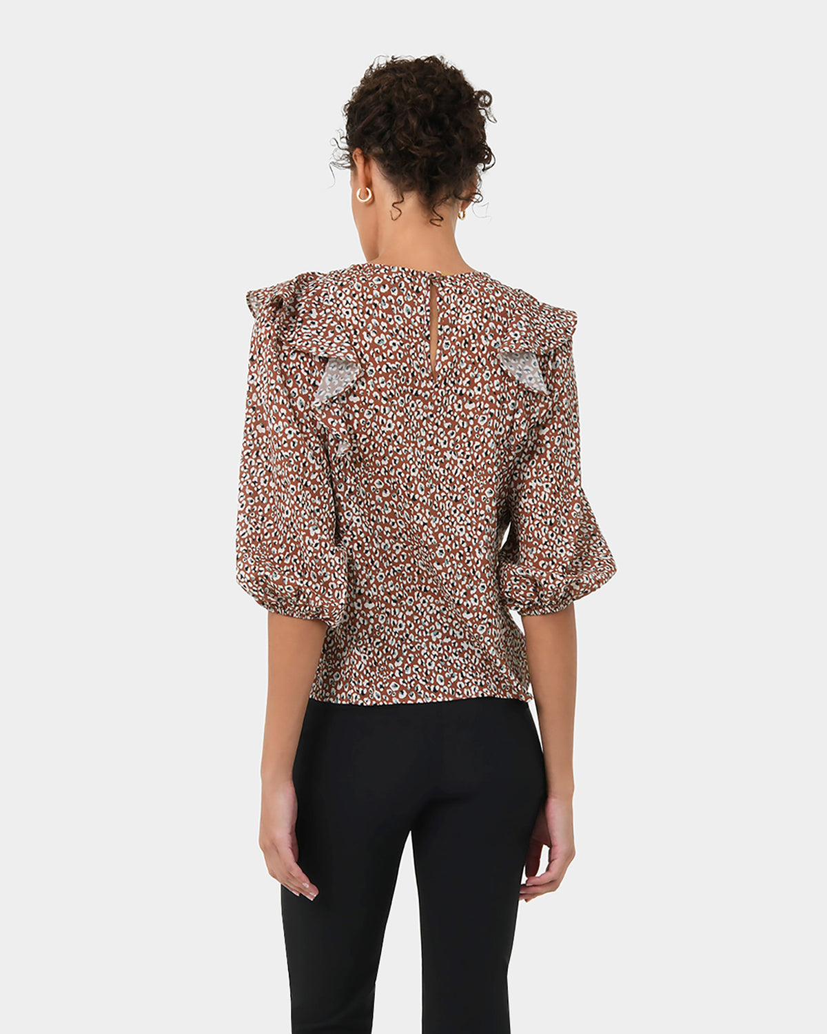 Chelsea Frill Detail Top in rustic brown — back view