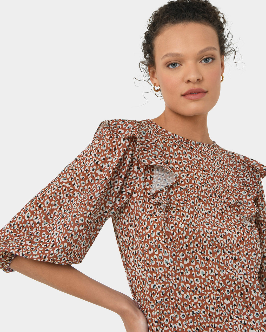 Chelsea Frill Detail Top in rustic brown — close-up view