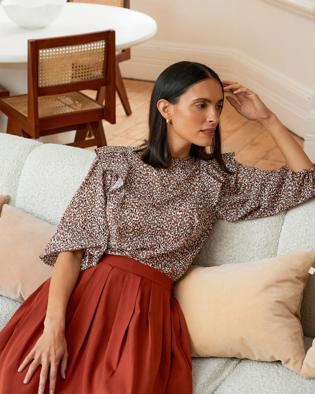 Chelsea Frill Detail Top in rustic brown — alternate view