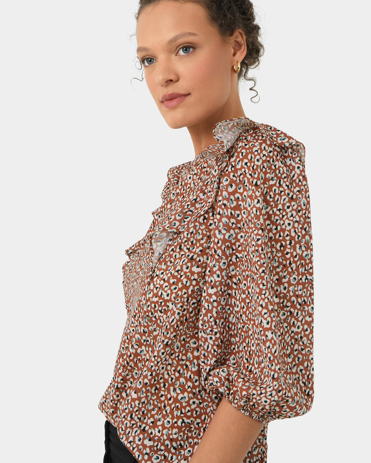 Chelsea Frill Detail Top in rustic brown — side view