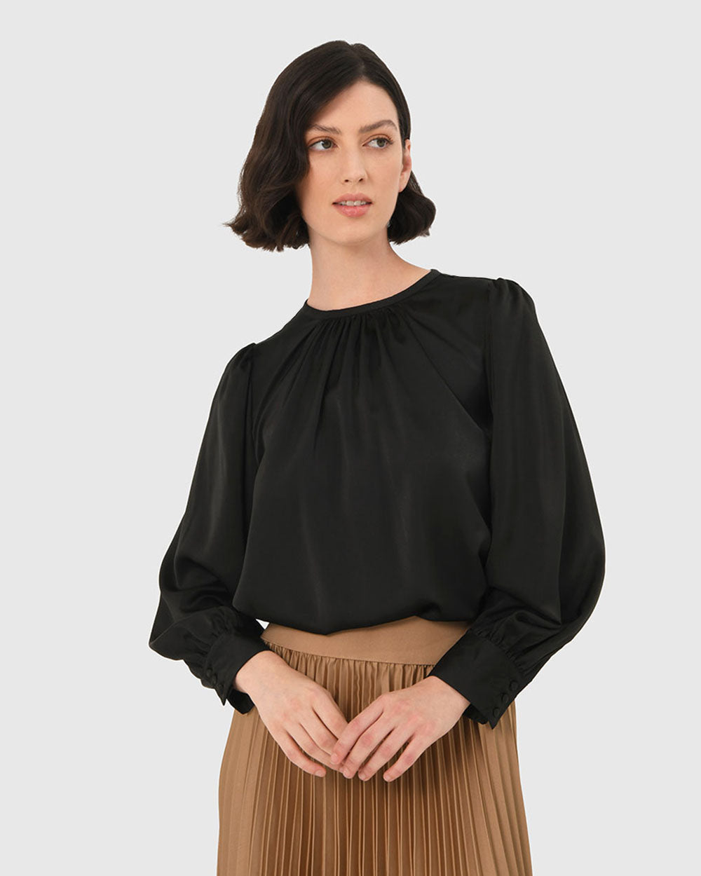 Cameron Satin Blouse in black — close-up view 2