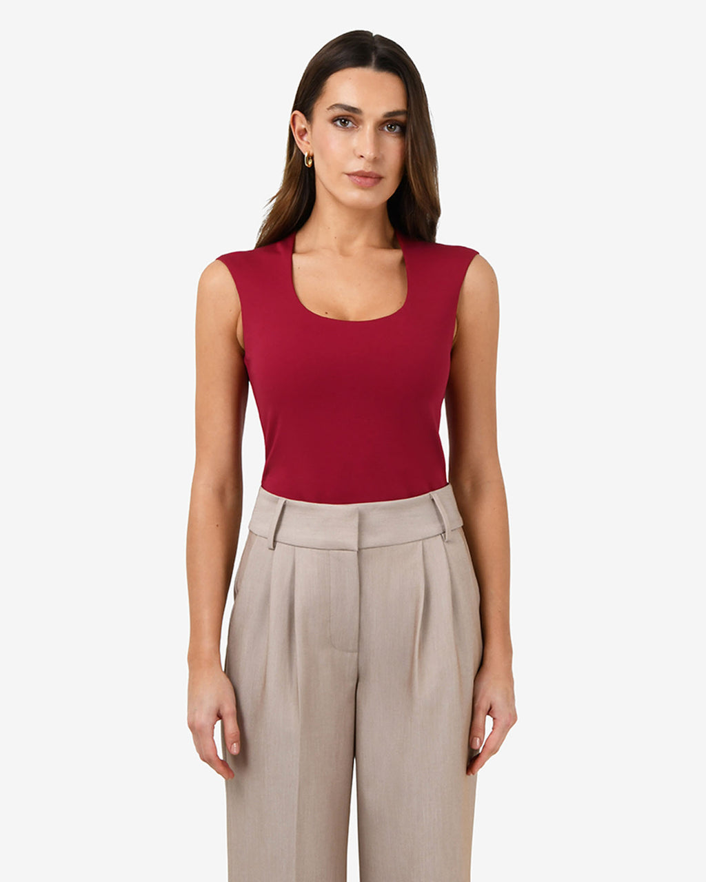 Soho Scoop Neck Top in crimson red — close-up view