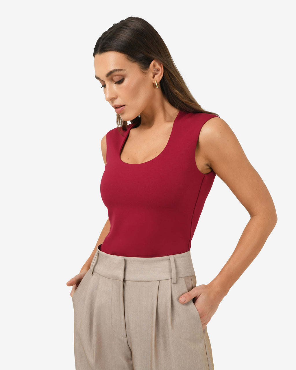 Soho Scoop Neck Top in crimson red — side view
