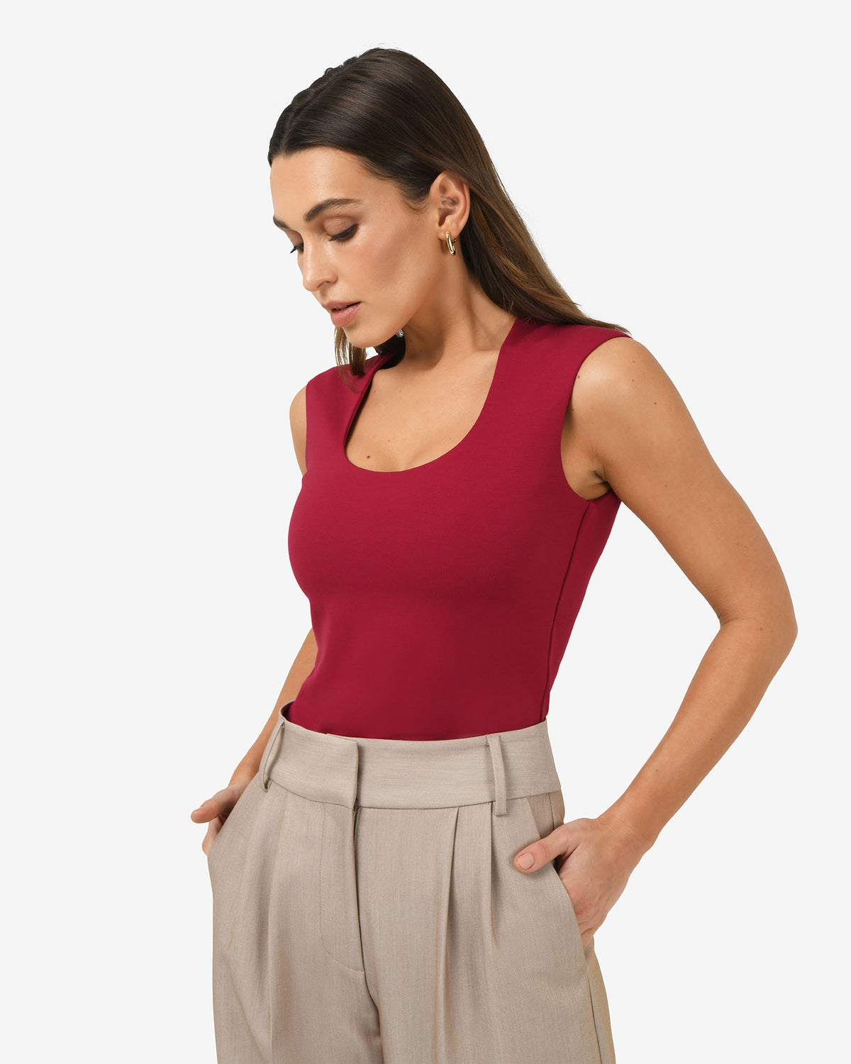 Soho Scoop Neck Top in crimson red — side view