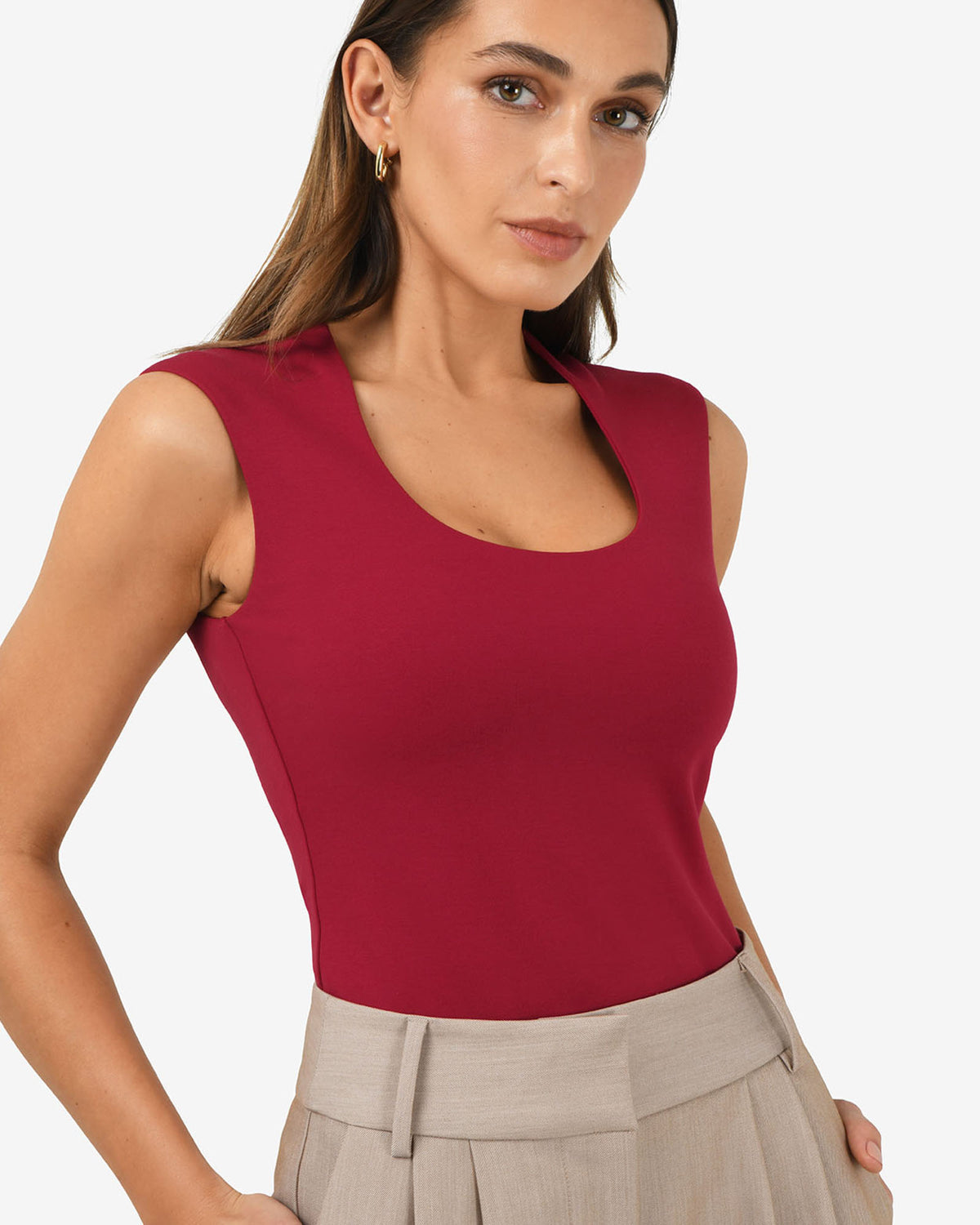 Soho Scoop Neck Top in crimson red — side view 2