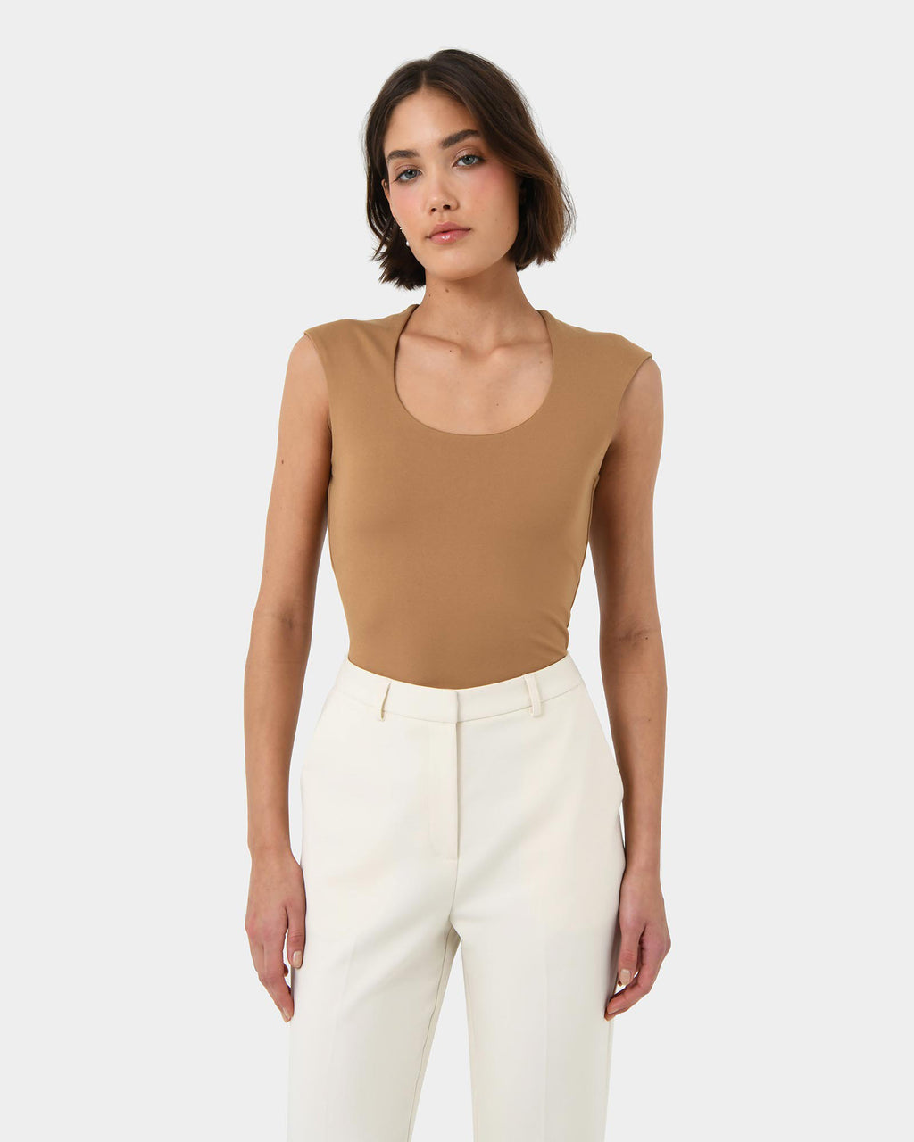 Soho Scoop Neck Top in light camel — close-up view