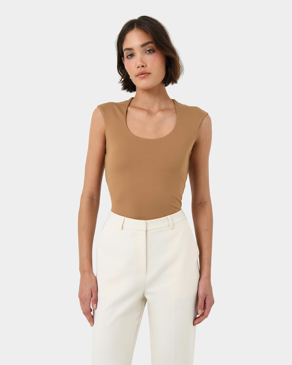 Soho Scoop Neck Top in light camel — close-up view