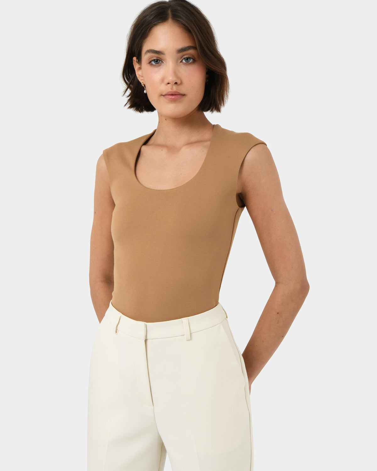 Soho Scoop Neck Top in light camel — close-up view 2