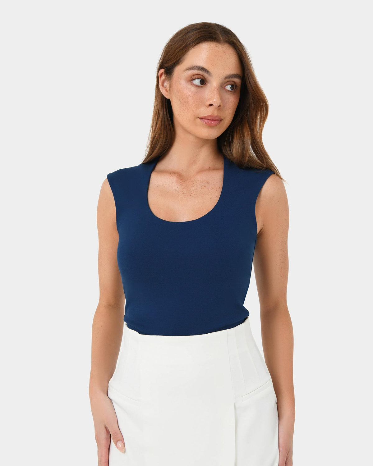 Soho Scoop Neck Top in navy — close-up view