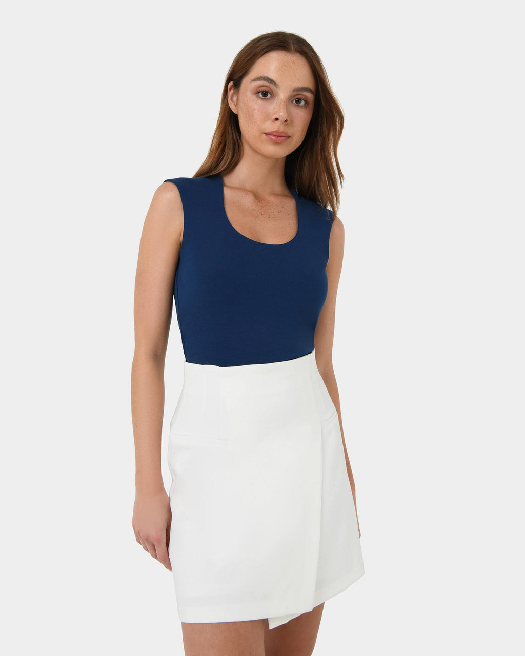 Soho Scoop Neck Top in navy — close-up view 2