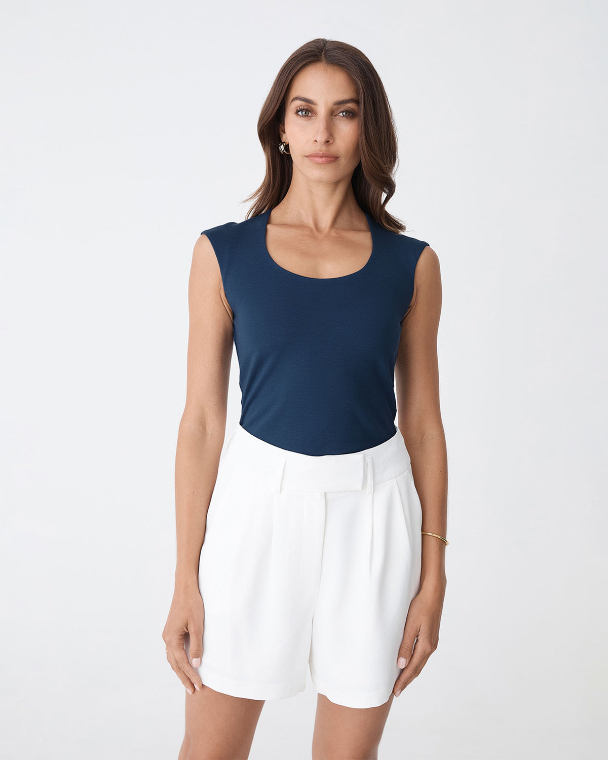 Soho Scoop Neck Top in wash navy — close-up view