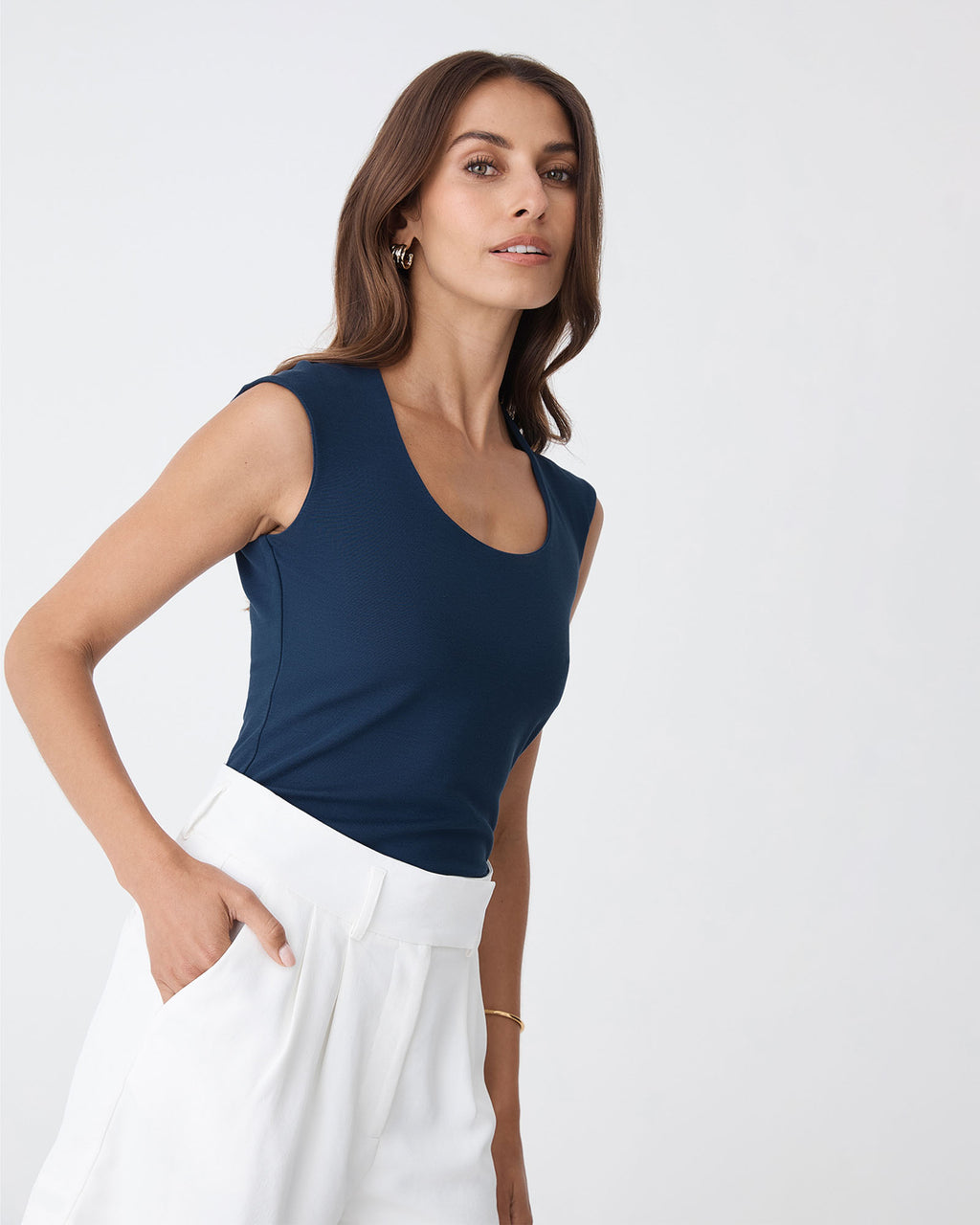 Soho Scoop Neck Top in wash navy — side view