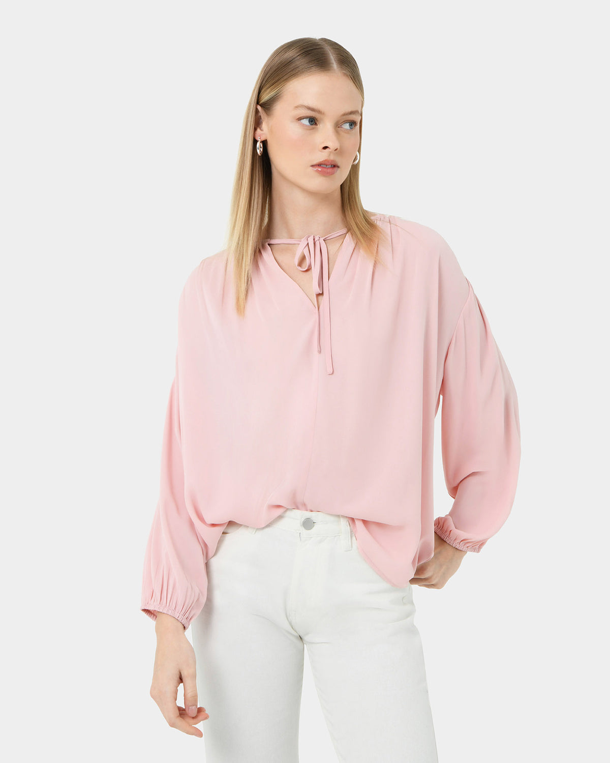Ikaria Tie Neck Blouse in pastel pink — close-up view