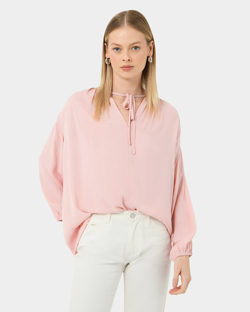 Ikaria Tie Neck Blouse in pastel pink — close-up view 2