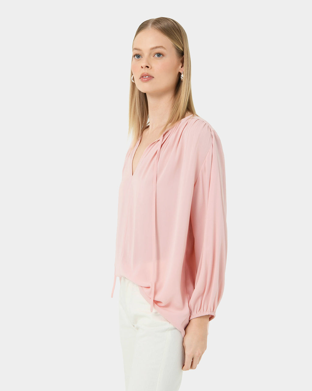 Ikaria Tie Neck Blouse in pastel pink — side view