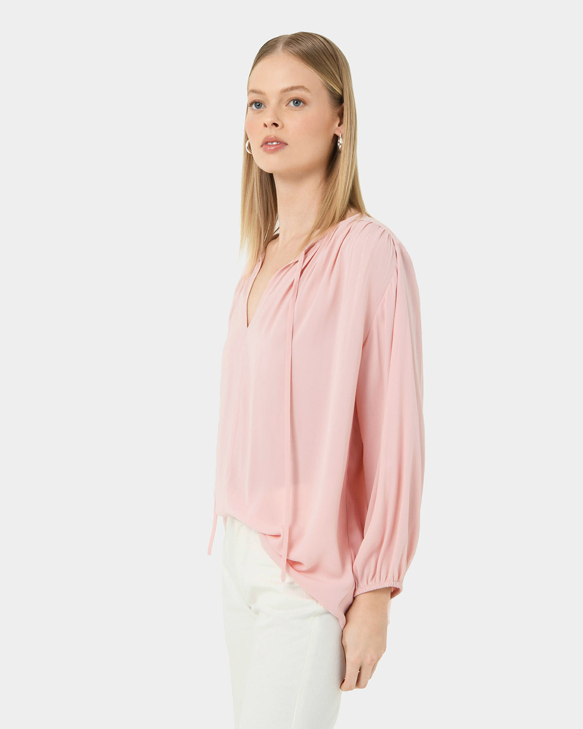 Ikaria Tie Neck Blouse in pastel pink — side view