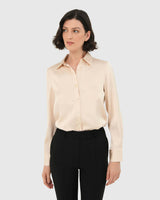 Leon Loose Fit Satin Blouse in vanilla — close-up view