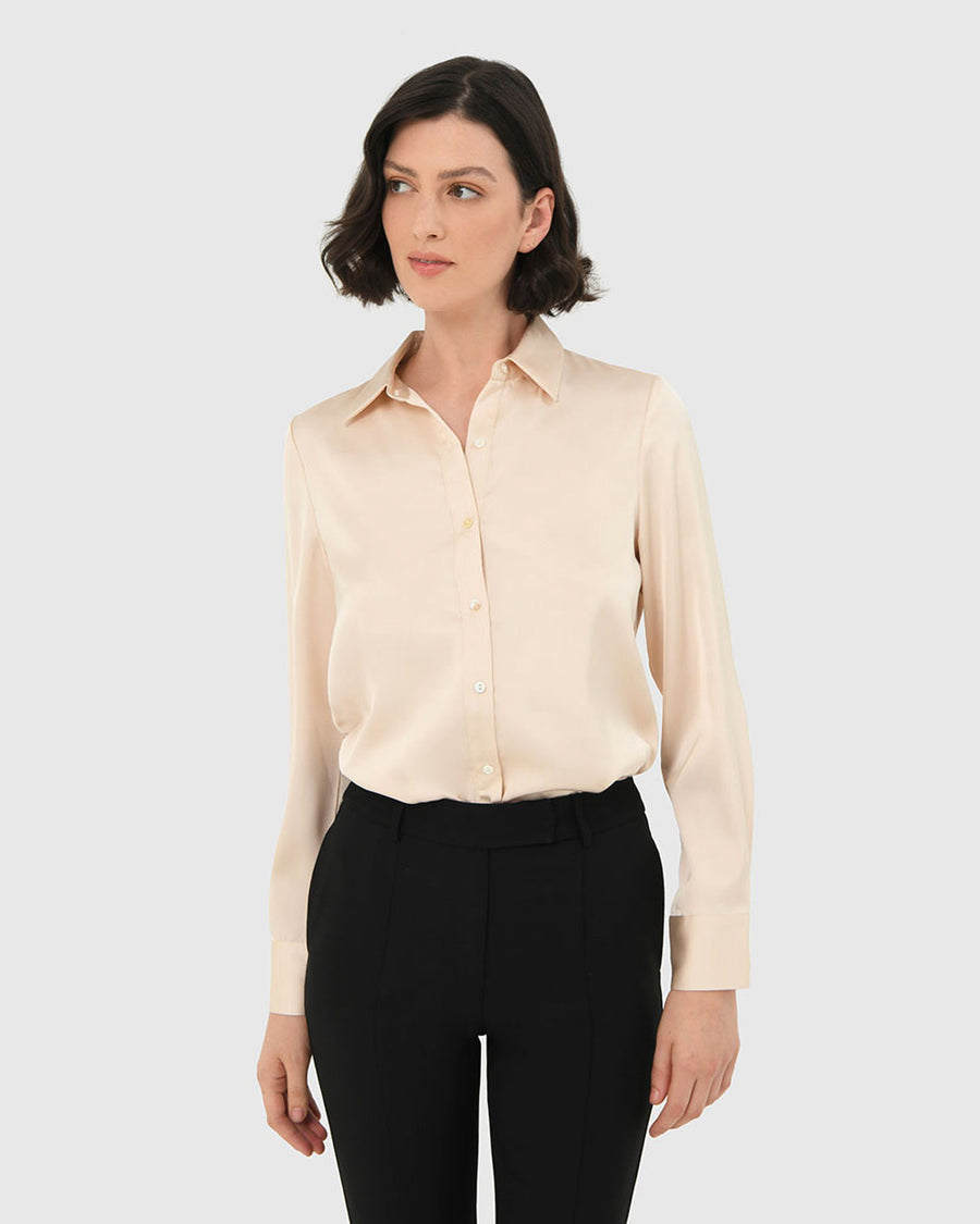 Leon Loose Fit Satin Blouse in vanilla — close-up view