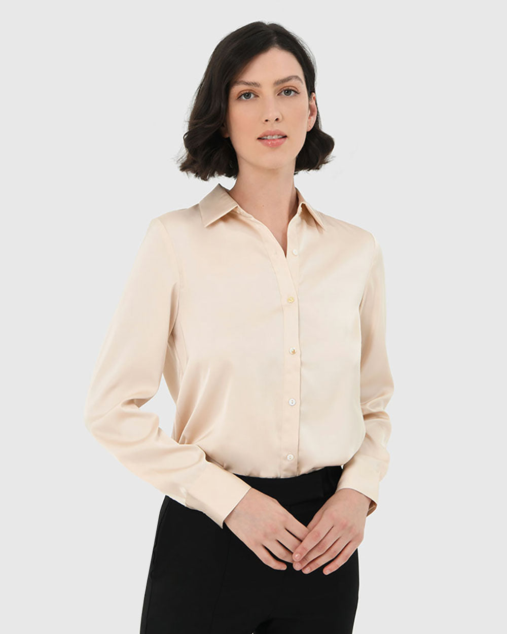 Leon Loose Fit Satin Blouse in vanilla — close-up view 2