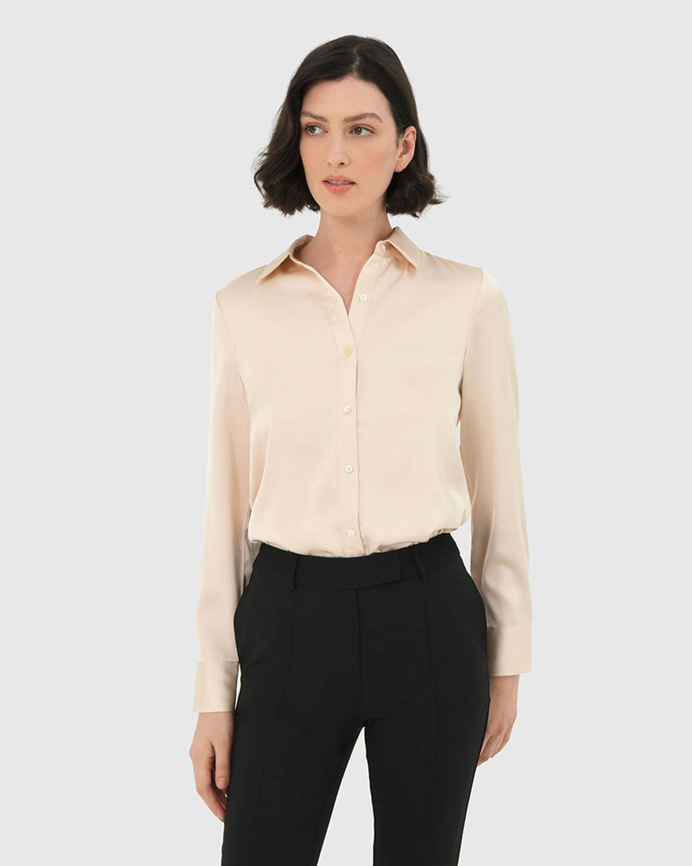 Leon Loose Fit Satin Blouse in vanilla — close-up view 3