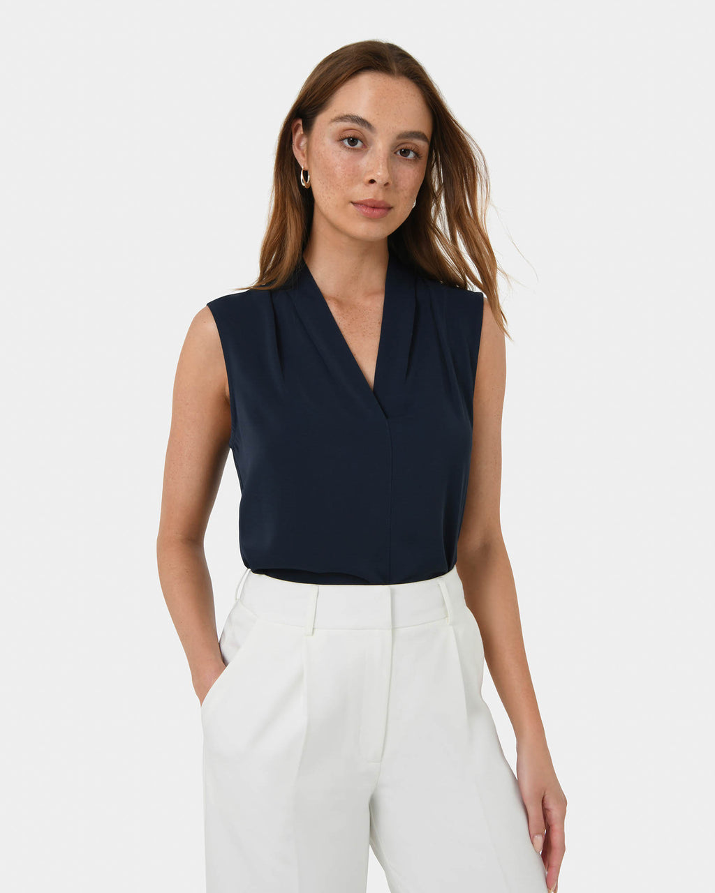 Alivia 2 V-Neck Top in navy — close-up view