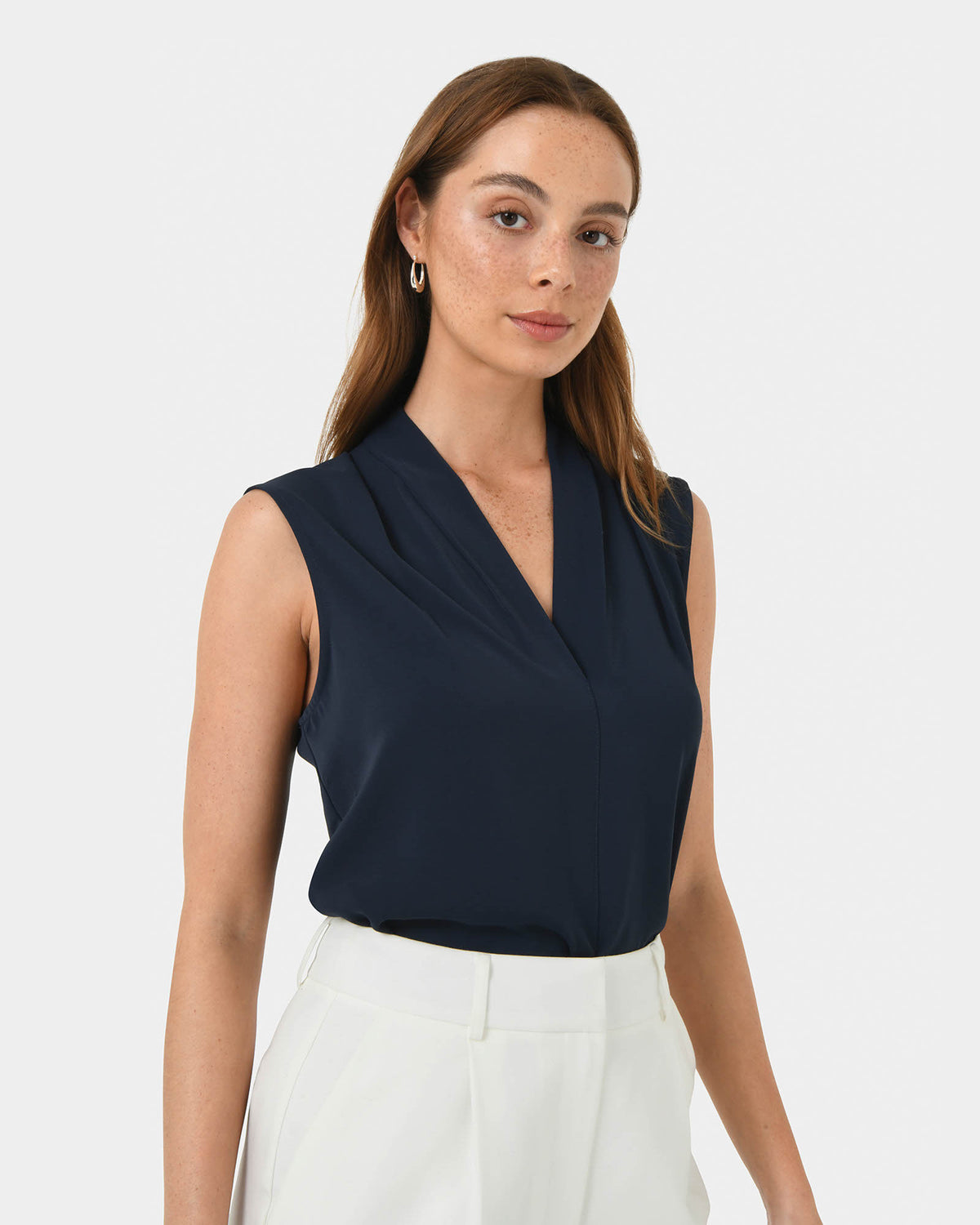 Alivia 2 V-Neck Top in navy — close-up view 2