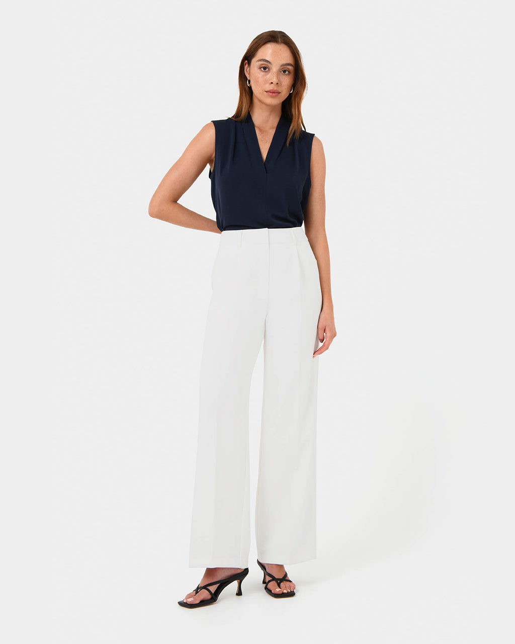 Alivia 2 V-Neck Top in navy — full-length view