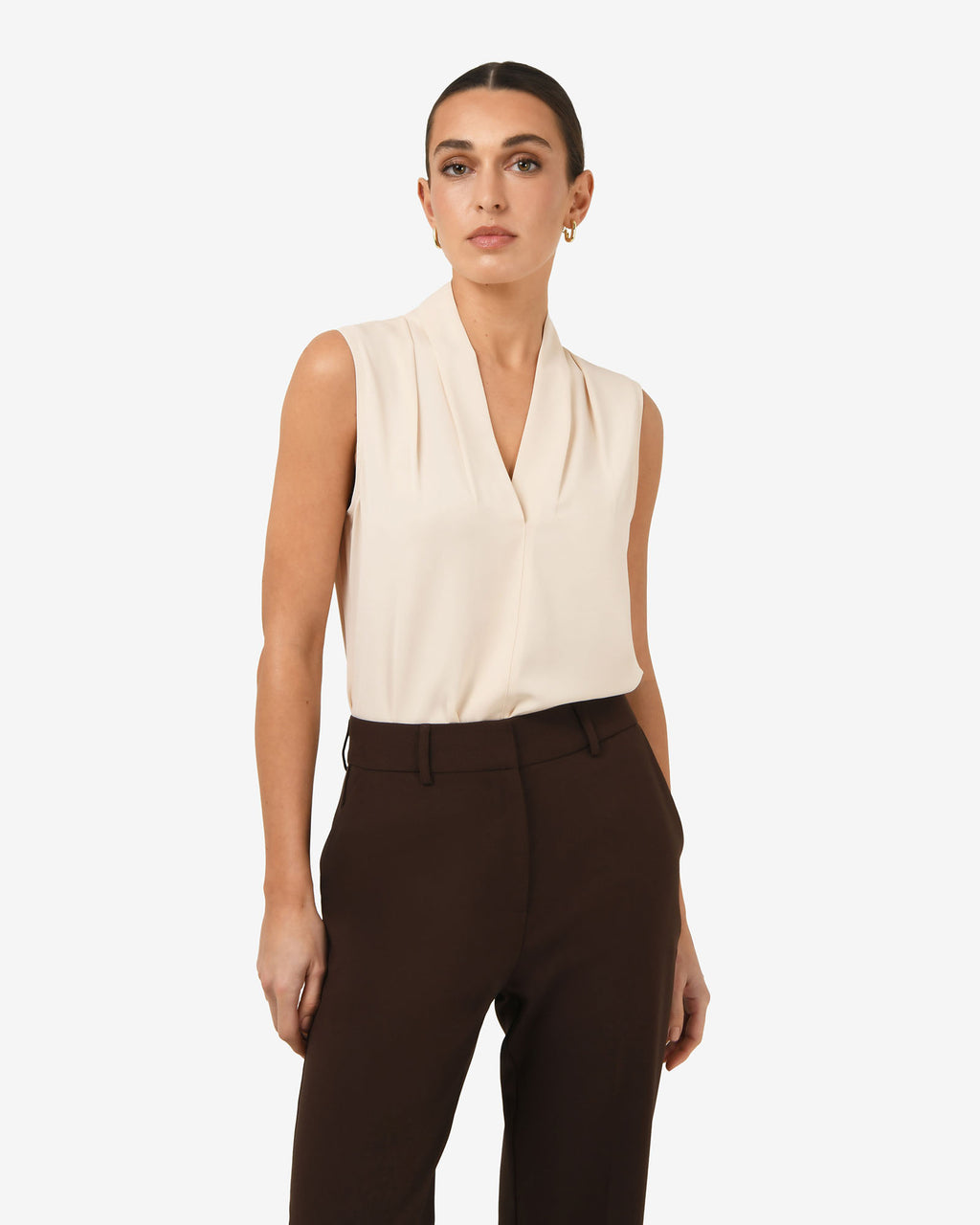 Alivia 2 V-Neck Top in white sand — close-up view