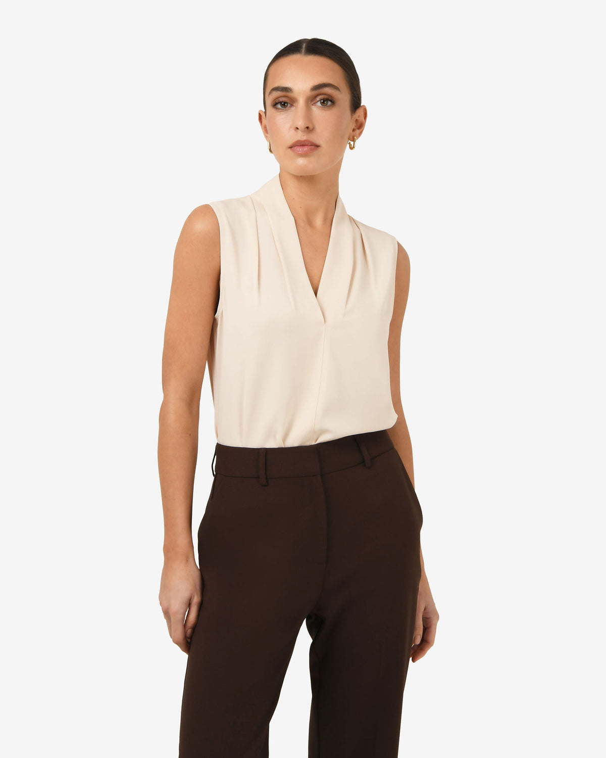 Alivia 2 V-Neck Top in white sand — close-up view