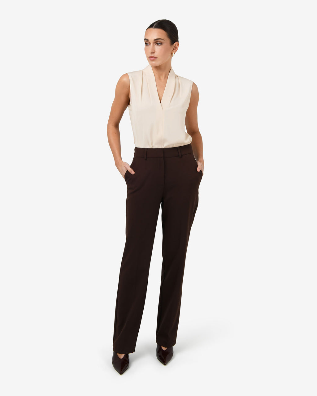 Alivia 2 V-Neck Top in white sand — full-length view